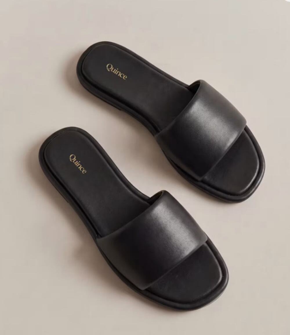 Quince Leather Slides Women's 6 Black 100% Leather Sandals Shoes NEW